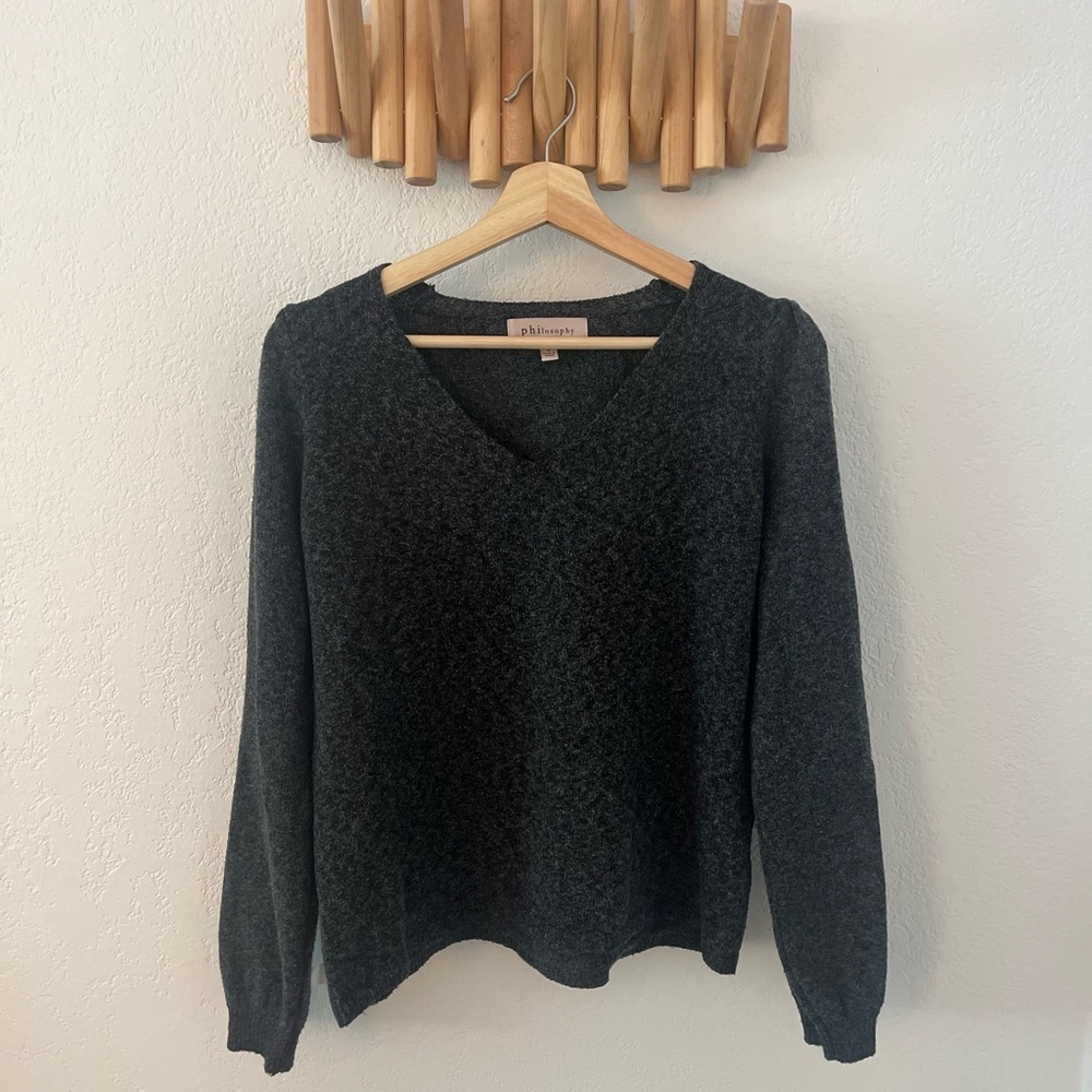 Philosophy women sweater grey v neck puff shoulder size small